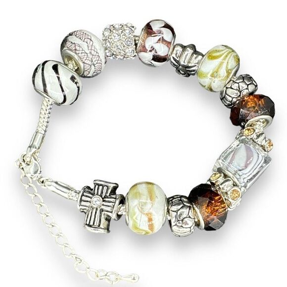 Charm Bracelet Glass Beads Metal Spacer Rib Style Chain Link - Picture 3 of 8